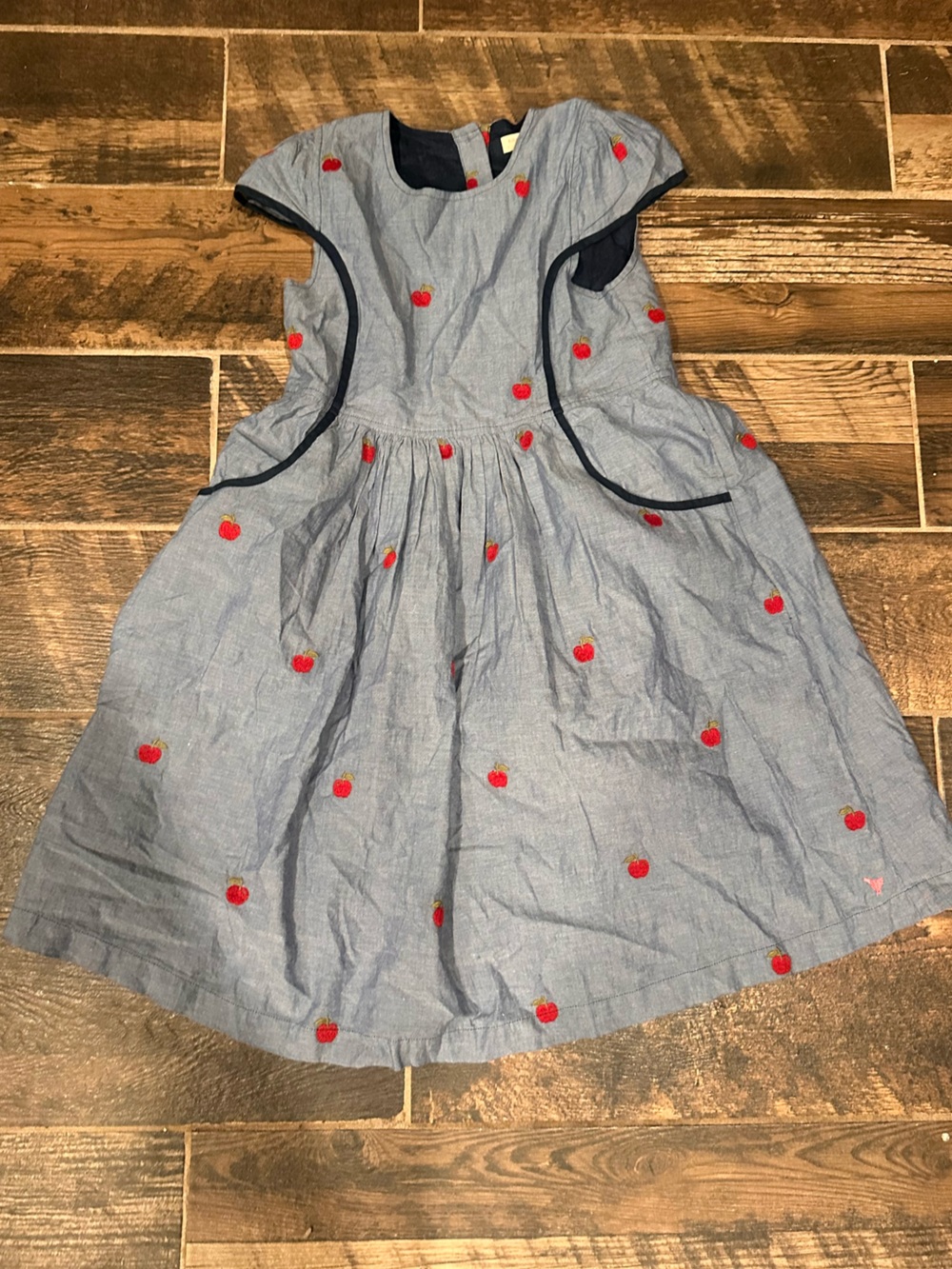 Pink Chicken Blue Chambray Dress with Red Embroidered apples 12 nwot